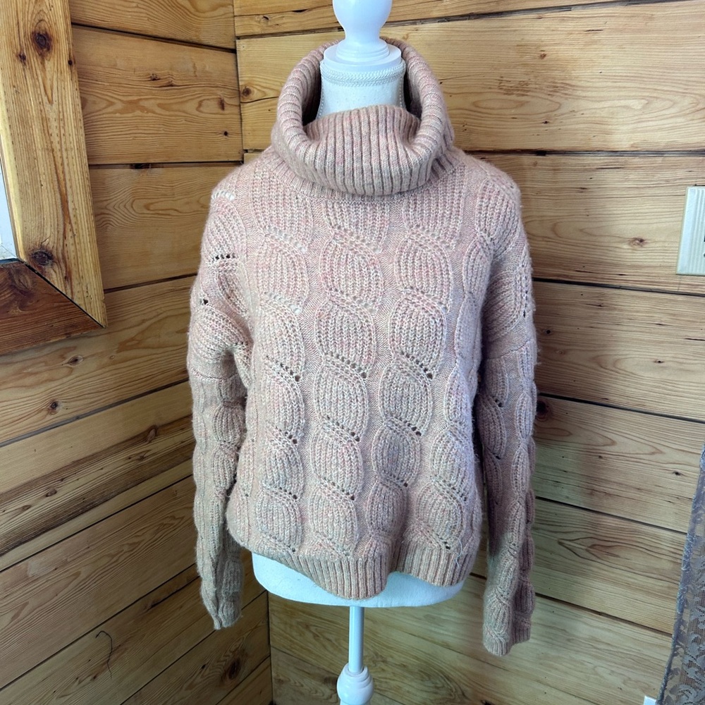 Vintage Pale Peachy‎ Pink Cable Knit Turtleneck Sweater Womens Large Angora Wool